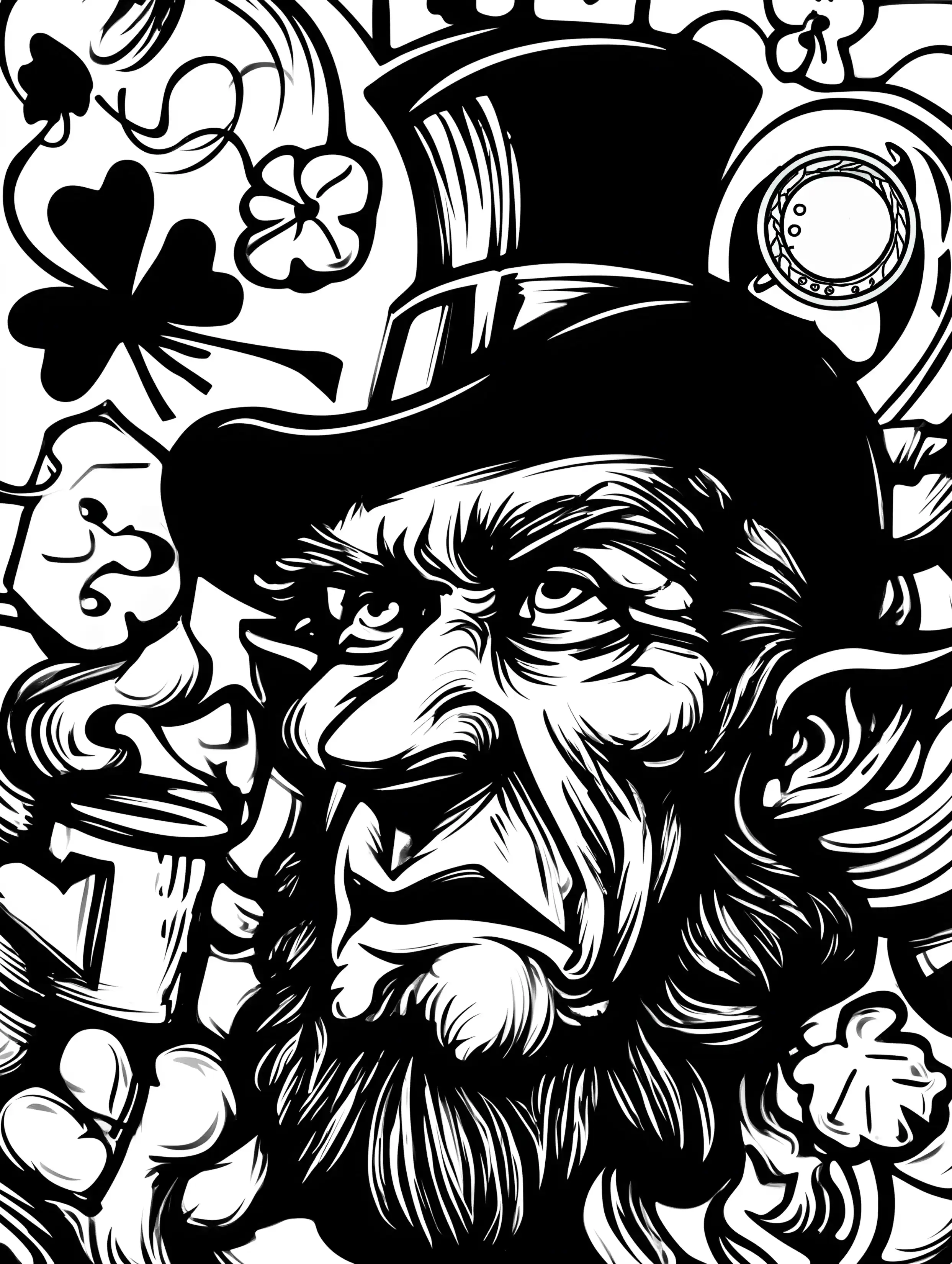 Free printable St Patricks Day coloring page for adults featuring a leprechaun wearing a dark hat looking left